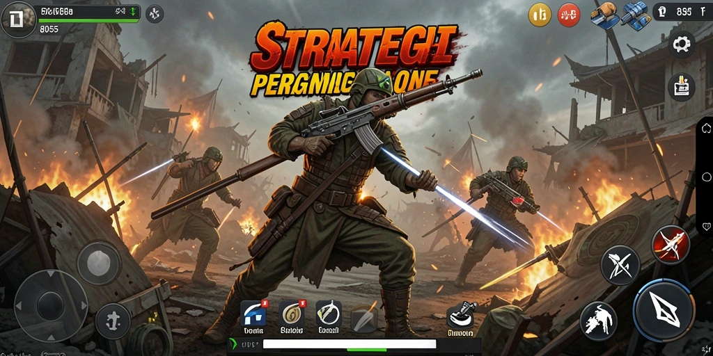 Tampilan gameplay menegangkan dalam 8055 dengan strategi perang yang kompleks.