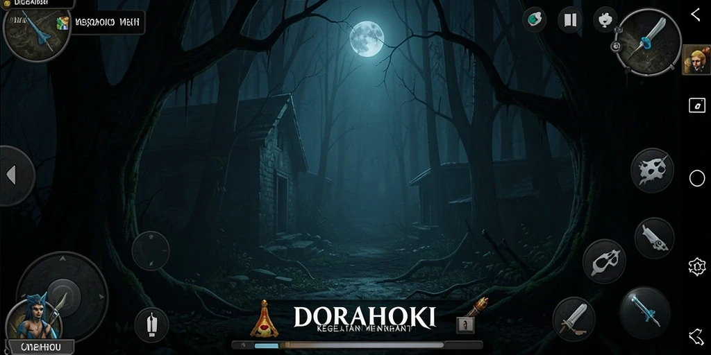 Gameplay DORAHOKI menampilkan suasana menyeramkan dengan makhluk mengerikan.
