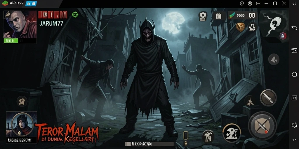 Screenshot gameplay JARUM77 menampilkan suasana mencekam yang menghantui.