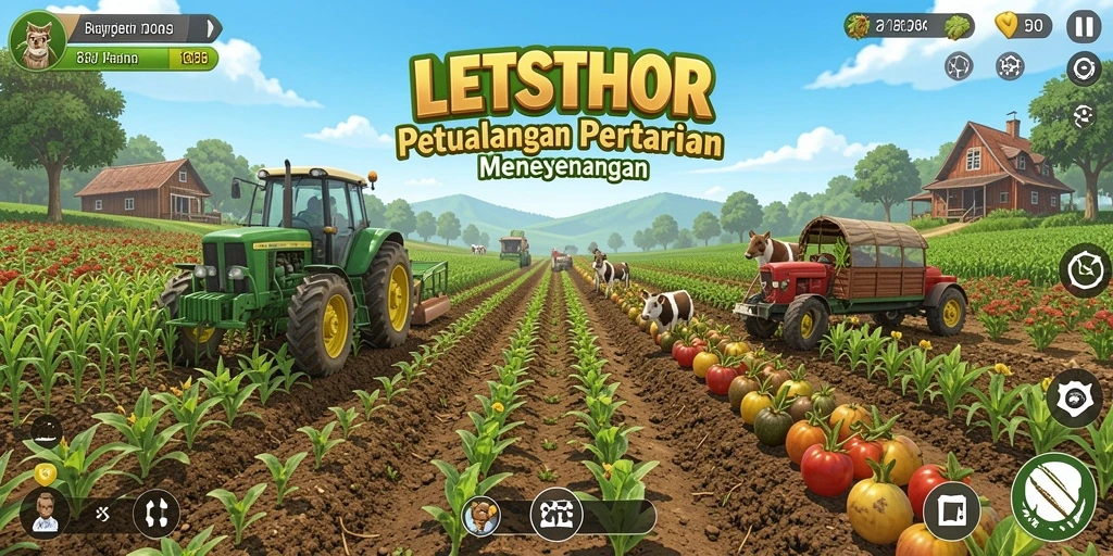Screenshot LETSTHOR menampilkan pengalaman bertani yang seru dan penuh warna.