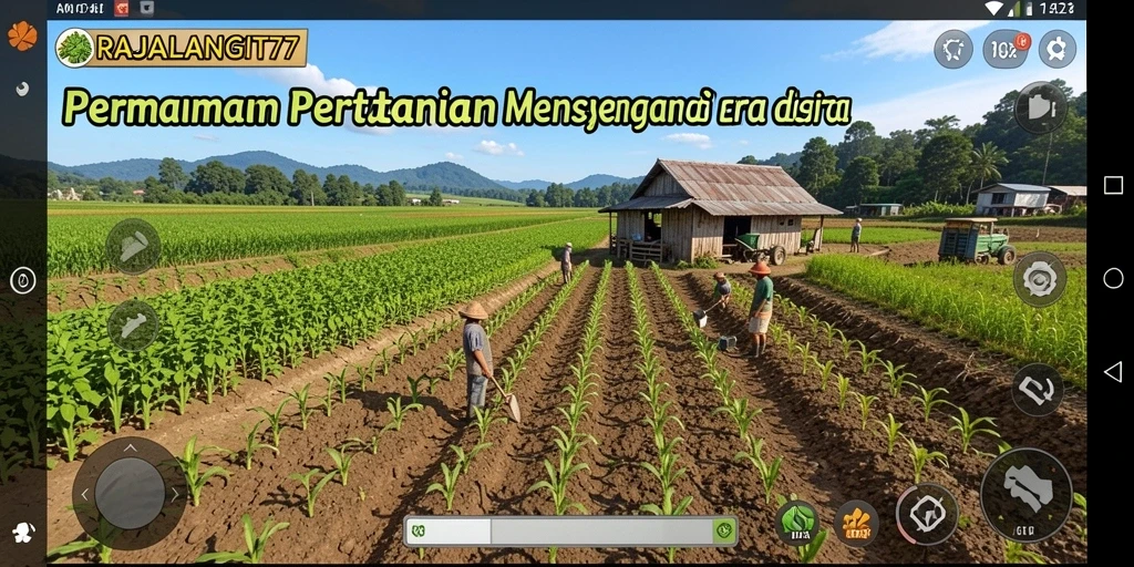 Screenshot gameplay RAJALANGIT77 menampilkan ladang yang subur dan beragam tanaman.