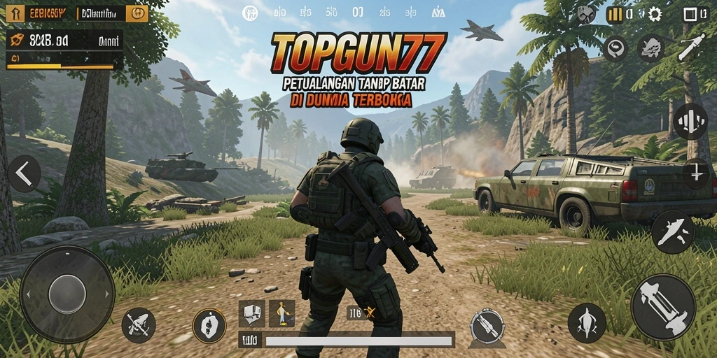 Tangkapan layar gameplay TOPGUN77 menampilkan dunia terbuka yang menakjubkan.